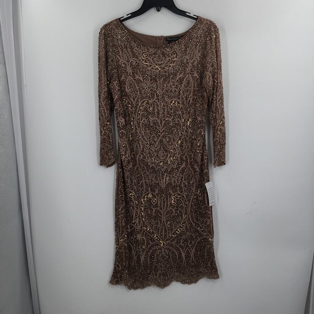 Pisarro Nights Beaded Sequin Embroidered Cocktail Dress Long Sleeve Tan Size 8 - Picture 2 of 12